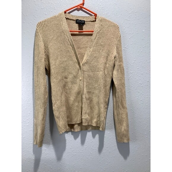ny & co button up sweater gold shimmer l rayon and nylon metallic - Picture 1 of 6
